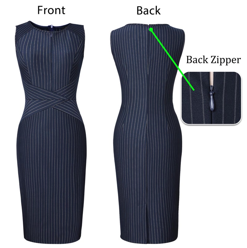 VFSHOW Womens Front Zipper Work Business Office Bodycon Dress Elegant Professional Career Church Party Pencil Sheath Dress (Blue and White Striped, Small) 2619 BLU S - Image 5